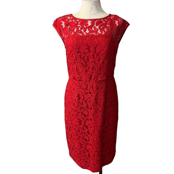 Banana Republic Sheath Dress 8 Red Stretch Lace Cap Sleeve Career Church Party - Picture 3 of 11